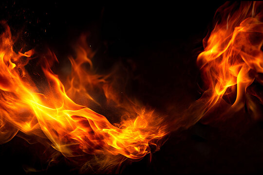 Abstract flowing fire flames isolated on a deep black background with orange flame yellow fire dynamic fire effect fire design fire art glowing embers