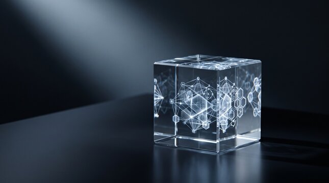 Transparent crystal cube with glowing abstract technology patterns inside on table