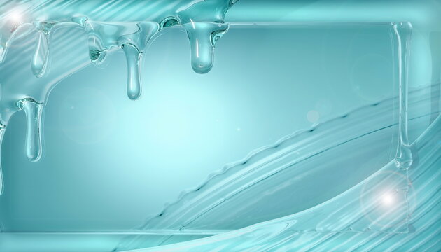 淡い水色の背景に透明な液体のしずくと流線が広がる抽象素材
