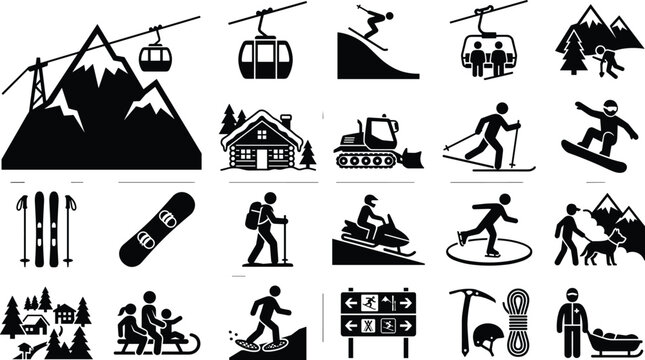 Set of black and white ski resort icons featuring winter sports, mountain landscapes, cable cars, and equipment.