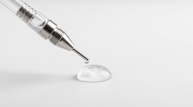 Hyaluronic acid gel drop and syringe on white surface for cosmetics