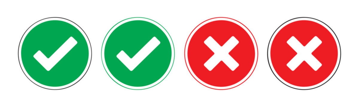 Green check mark and red cross mark vector icons in circles for approval and rejection.