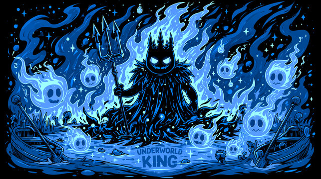 The underworld king holds a trident while surrounded by glowing blue ghosts and fire.