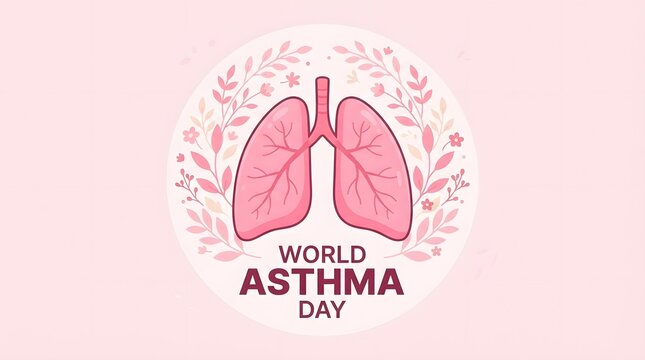 World asthma day illustration with pink lungs and floral background for awareness