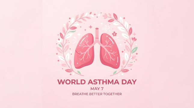 World asthma day awareness ribbon with healthy lungs illustration on a pink background