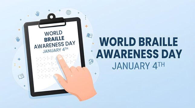 World braille day concept with a hand pointing to braille text on a clipboard