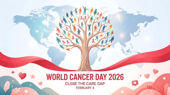 World cancer day concept with a tree of hands and a ribbon illustration