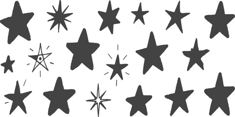 Fototapeta premium Hand drawn dark gray star shapes scattered on a white background with a minimalist graphic style