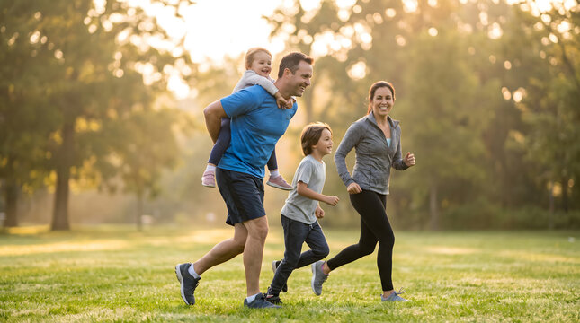 A family of four jogs joyfully together on grass in a sunlit park, enjoying outdoor exercise and time together.