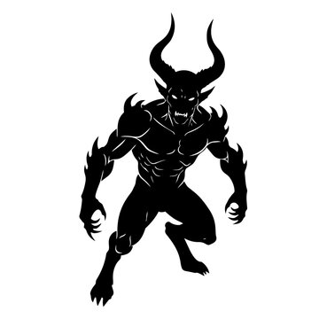 Black silhouette of a horned demon creature standing in a dynamic aggressive pose on white background
