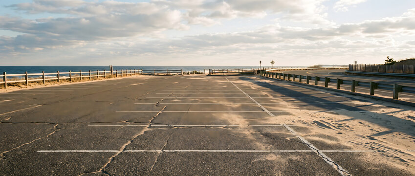 A vacant asphalt parking lot adjacent to the coastal ocean, with wooden railings and scattered sand under a cloudy sky.