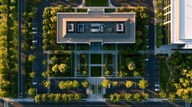 Modern Corporate Campus with Lush Greenery and Parking Lots during Golden Hour Aerial View