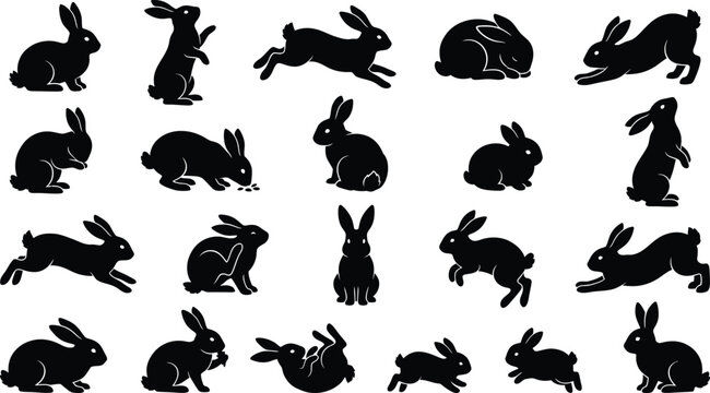 Assorted black rabbit silhouettes in multiple poses including hopping, sitting, eating, and resting isolated on a white background set