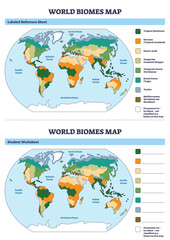 Obraz premium World biomes map overview showing color-coded ecosystems across continents, with world map, biome legend, and labeled oceans for study reference. Outline diagram
