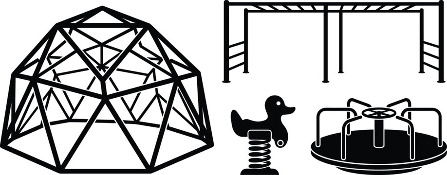 Black and white playground equipment silhouettes set including a climbing dome and monkey bars