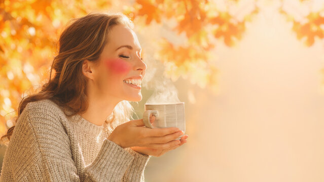 Smiling woman in beige sweater holding coffee mug with blurred autumn foliage background banner.