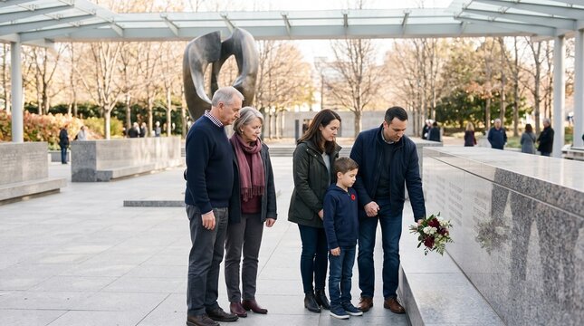 Family visiting a grave at a cemetery memorial site  