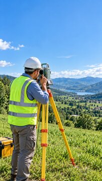 Surveyor focuses on total station in hi vis vest and hard hat, taking measurements on hillside. Surveyor stands outdoors beside tripod instrument with sweeping valley, lake, and mountains.
