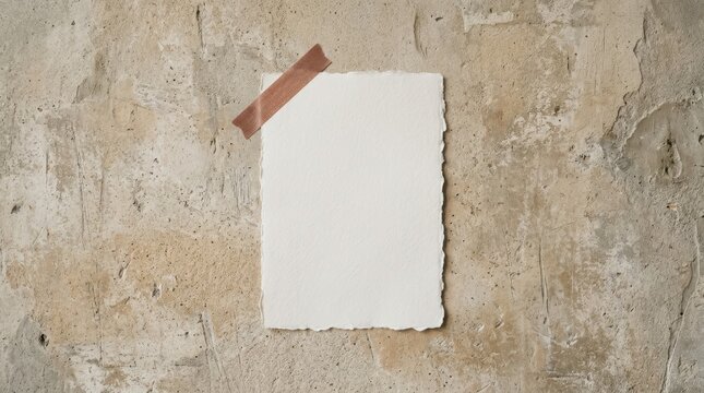Blank white paper sheet with torn edges attached by tape on textured concrete wall.