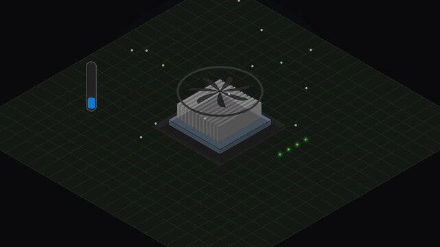 Isometric 3D animation of a computer central processing unit cooling down with blue thermal heat dissipation effects representing high performance technology hardware and chip architecture.