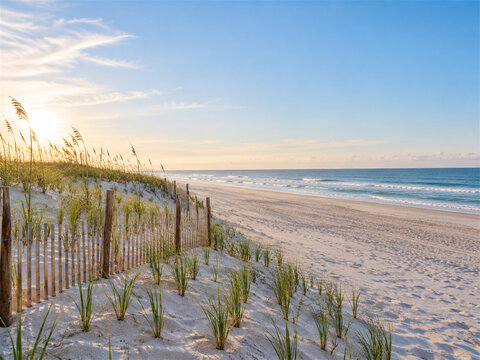 Coastal dune restoration protects a sandy beach with wooden fencing native grasses and carefully planted vegetation along a quiet shoreline under clear blue sky and gentle ocean waves
