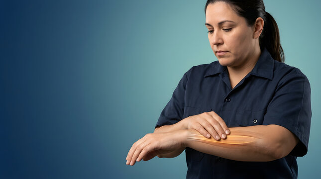 Female worker forearm pain, suffering from muscle strain with glowing anatomical overlay, wearing dark navy uniform shirt, standing against blue studio background with copy space, healthcare medical 