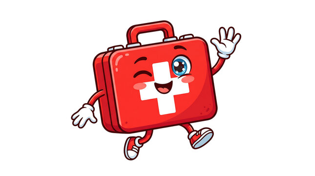 Cute cartoon first aid kit character waving and winking