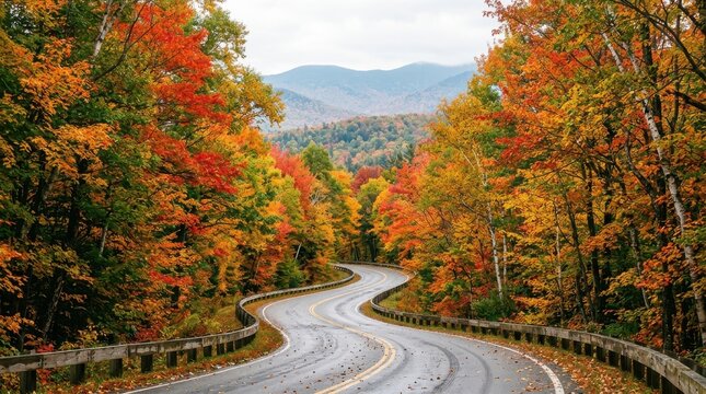 Curvy road winds through vibrant autumn trees and forests with mountains in distance.