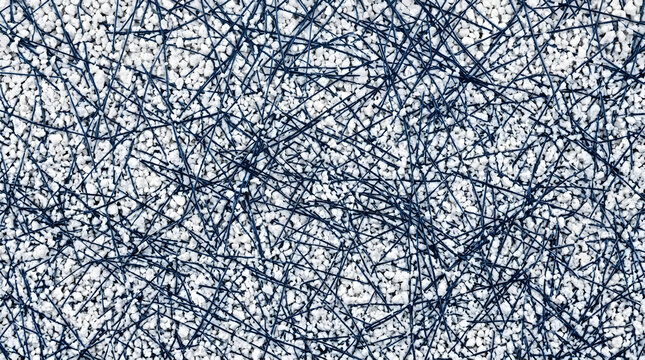 Abstract Lines: A chaotic yet intricate pattern of dark blue, abstract, linear shapes and lines against a textured white background, creating a sense of complexity and movement.