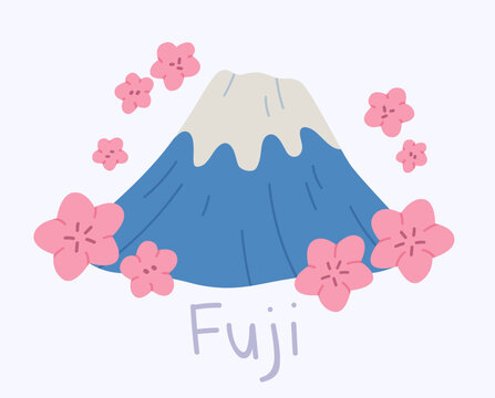 Mount Fuji Icon with pink cherry blossom flowers. Cute vector illustration
