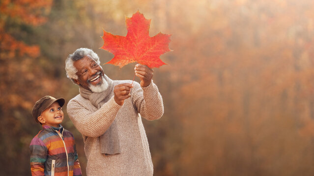 Smiling grandfather showing red maple leaf to curious grandchild with blurred woods background banner.