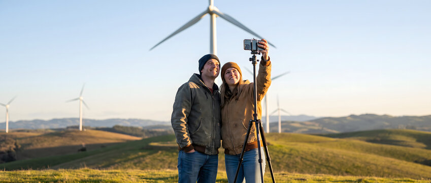 A smiling couple takes a selfie with a camera on a tripod at a wind farm on rolling grassy hills under a clear sky.