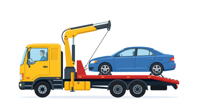 Yellow tow truck transporting a blue car on a flatbed with driver