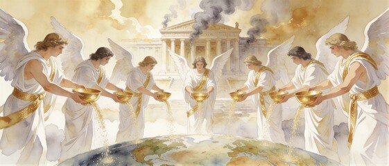 Fototapeta premium Seven angels pouring golden bowls of divine wrath onto earth. Biblical vision of the apocalypse and Last Judgment based on the New Testament. Spiritual end times theology art. Banner with copy space