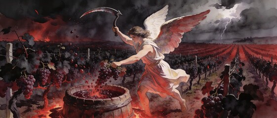 Fototapeta premium Angel harvesting grape with scythe in vineyard for winepress. Biblical apocalypse scene representing judgment and end of time. Wrath of God and divine retribution in Revelation. Banner with copy space