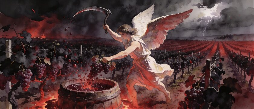 Angel harvesting grape with scythe in vineyard for winepress. Biblical apocalypse scene representing judgment and end of time. Wrath of God and divine retribution in Revelation. Banner with copy space
