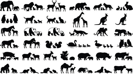 Fototapeta premium Collection of various wild and domestic animal silhouettes including parents and their offspring isolated on a white background