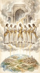 Fototapeta premium Seven angels in white robe pouring golden bowls of divine wrath onto earth. Biblical apocalypse and the Last Judgment scene. Revelation of John prophecy and religious spiritual concept.