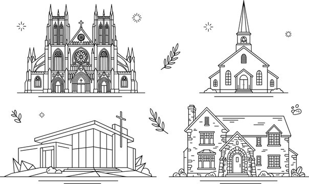 Christian church architecture line icon set featuring historic gothic cathedral traditional chapel modern parish and stone rectory building vector illustrations