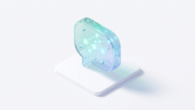 3D isometric floating glass chat bubble icon with glowing data nodes for modern communication concept