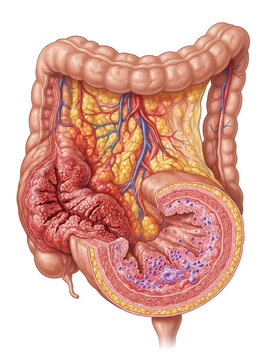 illustration of Inflammatory Bowel Disease (IBD) showing Crohn's disease and Ulcerative Colitis pathology in human colon.