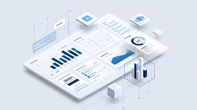 Digital dashboard displaying business analytics with charts and graphs in a clean modern tech setting