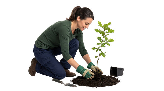 Smiling woman planting young oak tree sapling, female gardener working with soil and plant, environmental reforestation and sustainability concept isolated PNG with Transparent Background
