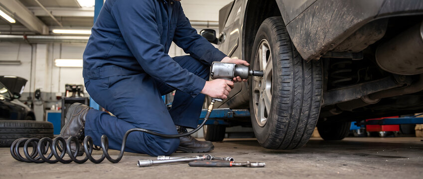 A mechanic in overalls uses a pneumatic wrench to repair a car wheel lifted in an auto workshop. Tools lie on the workshop floor.