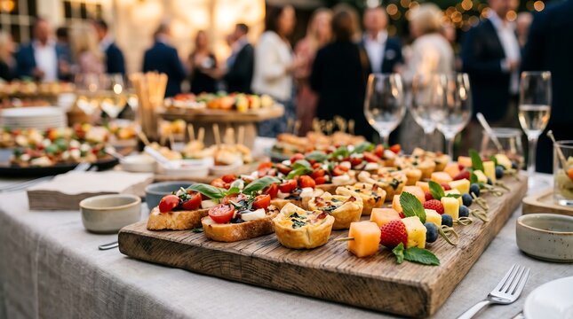 A rustic wooden serving board filled with gourmet appetizers and finger foods at a festive social gathering or wedding reception