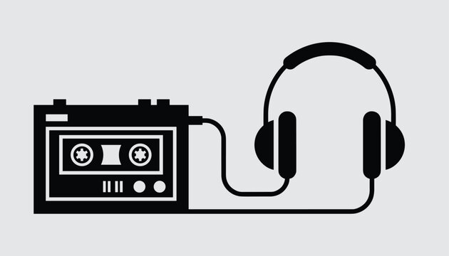 Black retro cassette player connected to big headphones on a simple gray background representing vintage music gear.