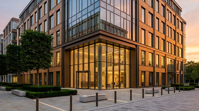Modern office building exterior with bronze cladding facade double height glass lobby and landscaped plaza at sunset.