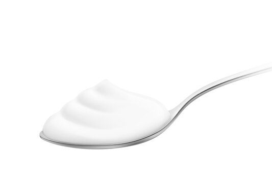 Whipped cream on spoon mockup for design, presentation of dairy product packaging, dessert recipes, food advertising. 3D realistic editable vector illustration isolated on white background. EPS10.