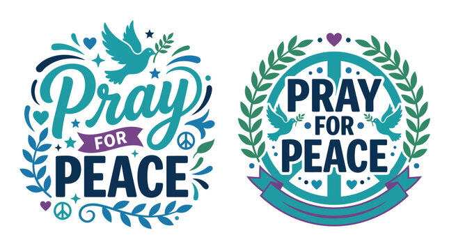 Set of two artistic typography designs featuring pray for peace slogans as a creative peach day vector illustration for posters