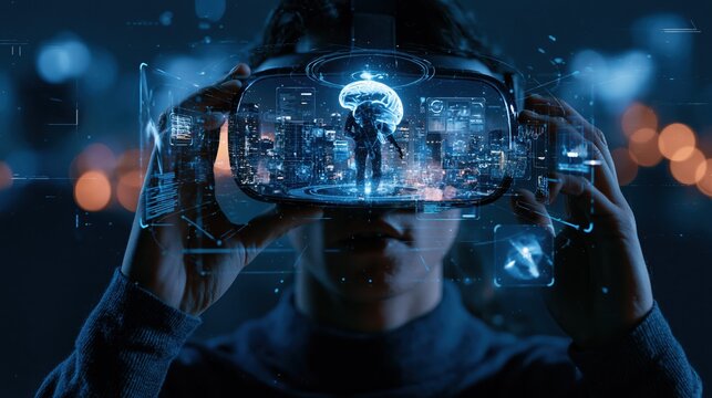 Person wearing VR headset immersed in digital cityscape with holographic brain and futuristic technology